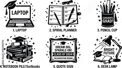Black and white graduation themed laptop spiral planner pencil cup stack of textbooks motivational quote and desk lamp vector art