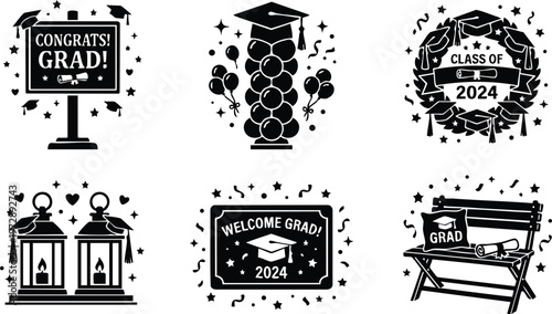 Black and white graduation class of 2024 cap and wreath with balloons and banners vector art