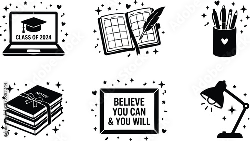 Black and white class of 2024 laptop and motivational quote with books and study icons