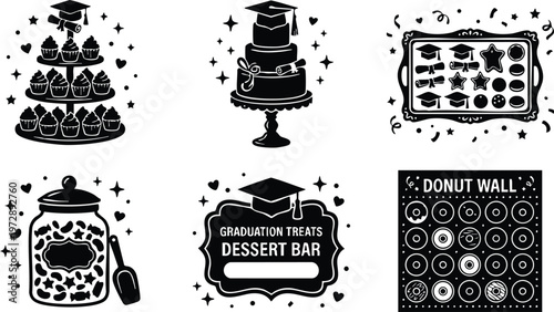 Black and white graduation dessert bar icons with cupcakes cake treats and donut wall