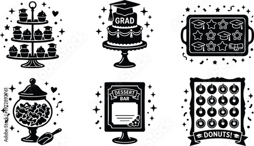 Black and white grad cake with cupcakes desserts and donuts vector art