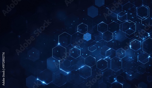 Abstract dark blue background with glowing hexagons and connecting lines