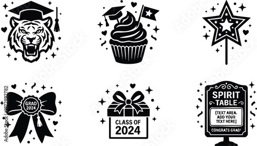 Black and white class of 2024 graduation icons including tiger mascot cupcake star and spirit table
