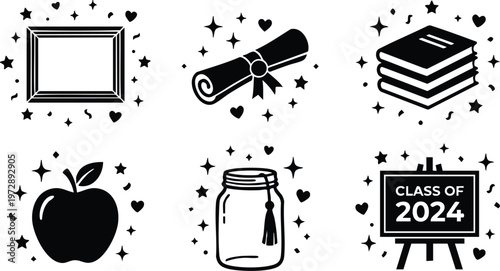 Black and white class of 2024 graduation icons with books apple diploma and jar