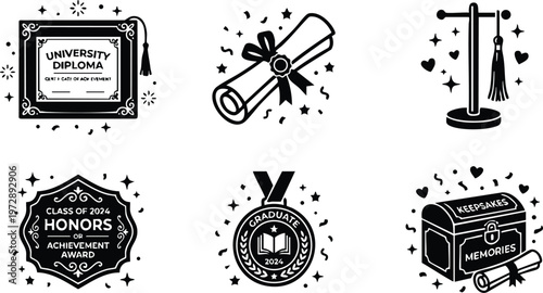 Black and white university diploma class of 2024 honors graduate medal keepsakes chest vector art