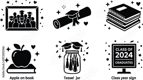 Black and white class of 2024 graduates sign with diploma tassels jar and apple on book vector art