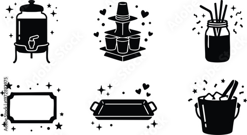 Black and white kitchenware set with dispenser cups jar tray and bucket line art