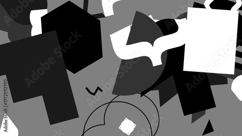 Abstract Geometric Composition: An artistic array of shapes and forms dance across a grayscale canvas, inviting viewers to explore the interplay of structure and void. 