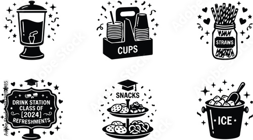 Black and white refreshment station snacks ice cups straws drinks class of 2024 sign