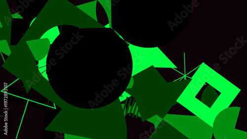 Geometric Green Shapes on Black: A striking composition of geometric shapes, rendered in vivid green against a stark black backdrop, creating a captivating visual contrast and dynamic energy.
