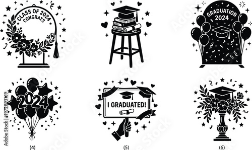 Black and white graduation 2024 balloons cap and diploma celebration vector art