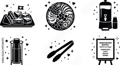 Black and white graduation buffet food and drink icons with sandwich fruit drink dispenser and serving tongs