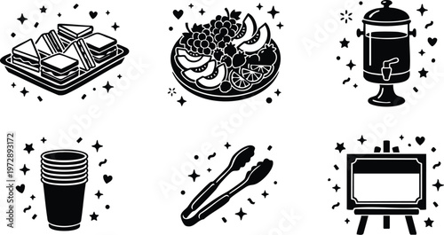 Sandwiches fruit plate beverage dispenser and serving utensils