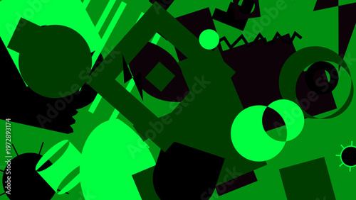 Geometric Abstraction in Emerald Tones: A vibrant abstract composition with an array of geometric shapes and dynamic forms, rendered in striking emerald green hues.