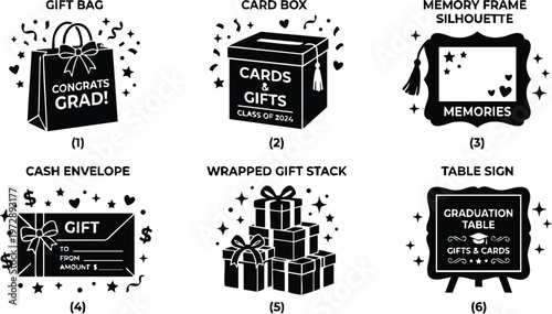Black and white graduation gift bag card box memory frame cash envelope wrapped gift stack and table sign vector art