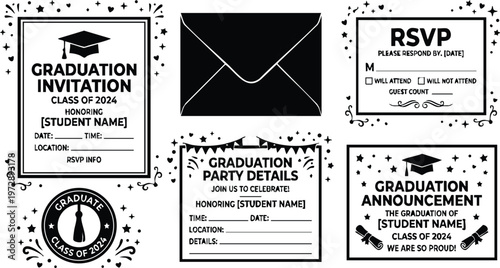 Black and white graduation party invitation set with cap and scroll vector art