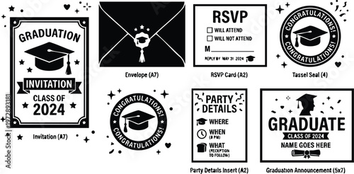 Black and white graduation class of 2024 invitation set with tassel seal and rsvp card