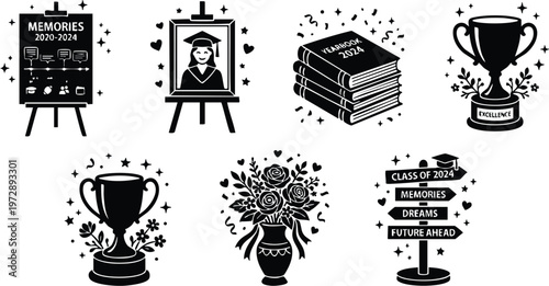 Class of 2024 graduation symbols with yearbook trophies flowers and memories signs