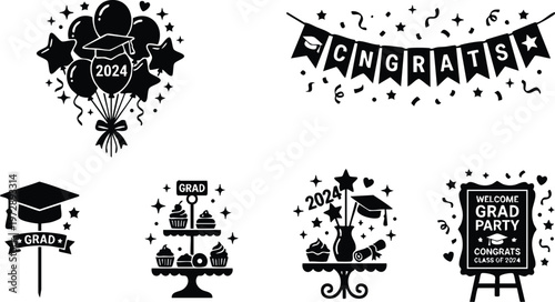 Black and white 2024 graduation balloons cupcakes and congrats banner celebration vector art
