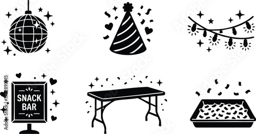 Black party icons with disco ball snack bar table and confetti food tray
