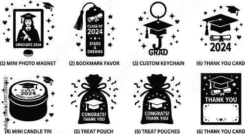 Black and white class of 2024 graduation icons with caps diplomas and thank you cards