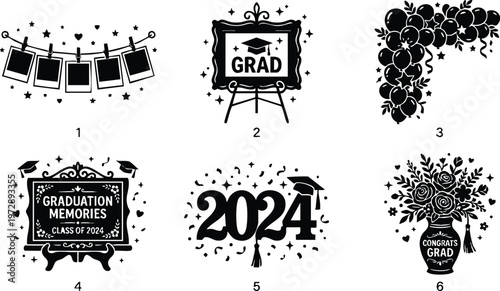 Black and white graduation class of 2024 themed decorative vector set with text and floral vase