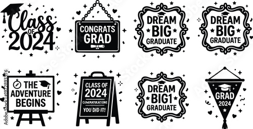 Black and white class of 2024 graduation icons with caps and congratulatory phrases