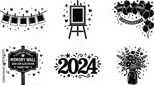 Black and white 2024 graduate balloons congrats memory wall photo string and flower bouquet vector art