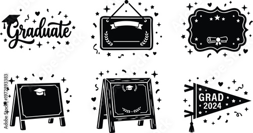 Black and white graduate lettering with cap and 2024 grad pennant vector art