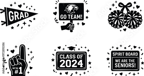 Black and white class of 2024 graduation cheer and spirit icons with pom poms foam finger and team signs