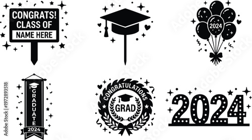 Black and white class of 2024 graduate icons with hats balloons and congrats text