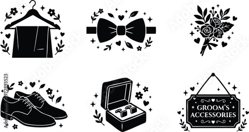 Black and white groom accessories vector art including shoes bow tie cufflinks and bouquet