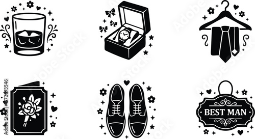 Black and white best man gift icons with watch shoes and tie