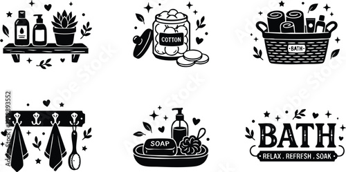 Black and white bath set with soap cotton basket and towels line art vector