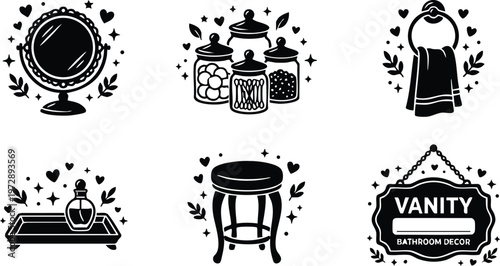 Black and white vanity mirror jars towel stool and bathroom decor sign vector art