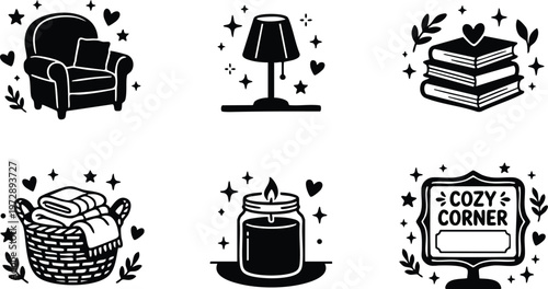 Black and white cozy corner icons with armchair lamp books candle and basket