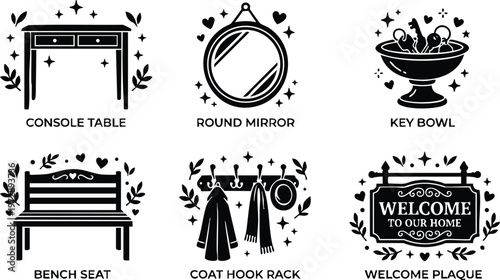 Black and white decorative icons of console table round mirror key bowl bench seat coat hook rack and welcome plaque
