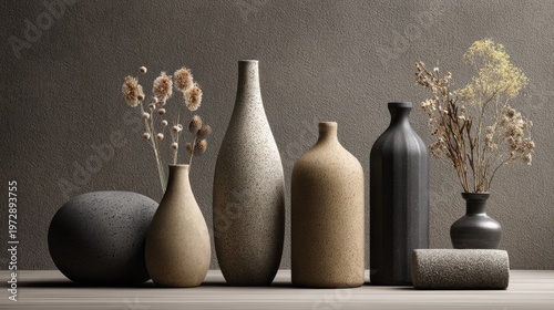 Artistic still life composition of vases and dried flowers studio photography minimalist close-up home decor inspiration