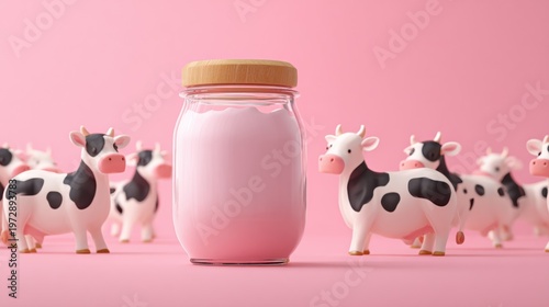 Delightful pink yogurt jar surrounded by cheerful cows playful scene studio background whimsical concept for food lovers
