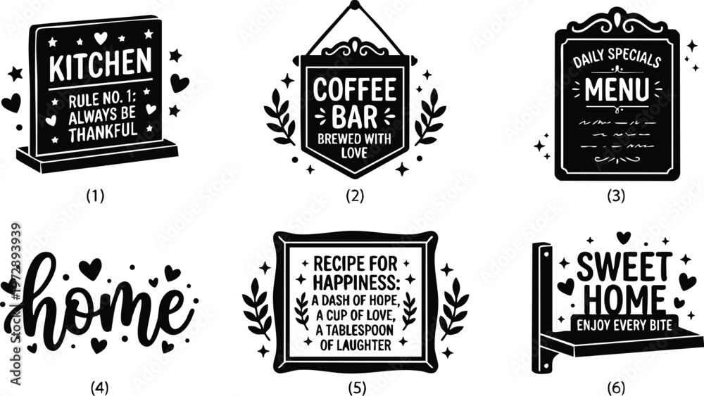 Obraz premium Black and white kitchen rules coffee bar menu and home positive quotes vector art