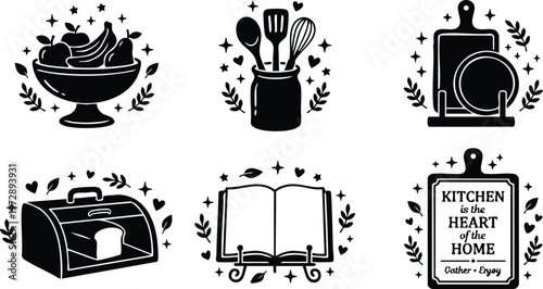 Black and white kitchen utensils bowl bread and recipe flat vector illustration