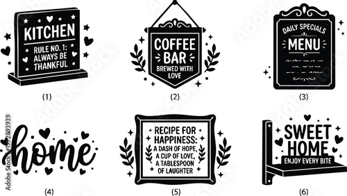Black and white kitchen rules coffee bar menu and home positive quotes vector art