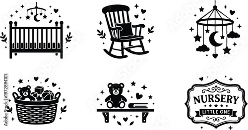 Black and white nursery crib rocking chair mobile basket and teddy bear line art vector