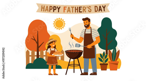 Father and daughter grilling together for Father's Day illustration