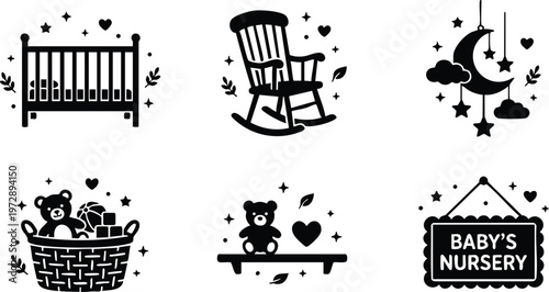 Black and white nursery icons with crib rocking chair teddy basket and babys nursery sign