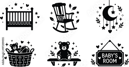 Black and white baby room icons including crib rocking chair moon mobile teddy basket and sign
