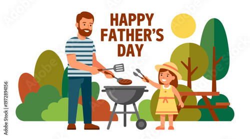 Father and Daughter Grilling Outdoors Happy Father's Day Vector