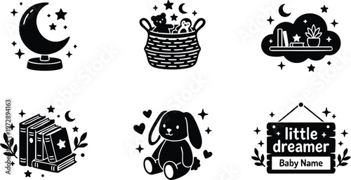 Black and white baby dreamer sign bunny toy books basket moon stars vector art