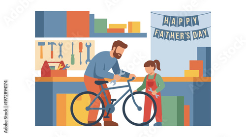 Father teaching daughter to repair bicycle in workshop for Father's Day
