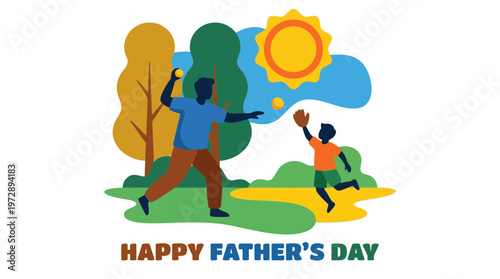 Happy Father's Day illustration of father and son playing catch